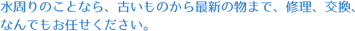 水周りのことなら、古いものから最新の物まで、修理、交換、なんでもお任せください。